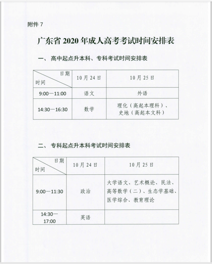 2020年广东成人高考考试科目及时间安排！（最新版）